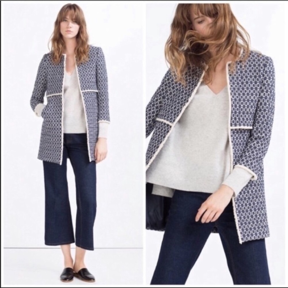Zara That Coat Tweed Textured Fringe Jacket Blue S